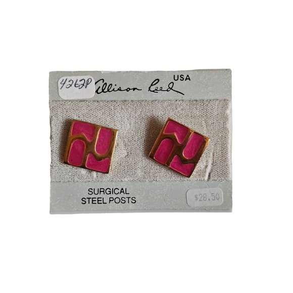 Vintage ALLISON REED Square Pink Gold Tone Shimmer PIERCED EARRINGS New - Picture 5 of 9